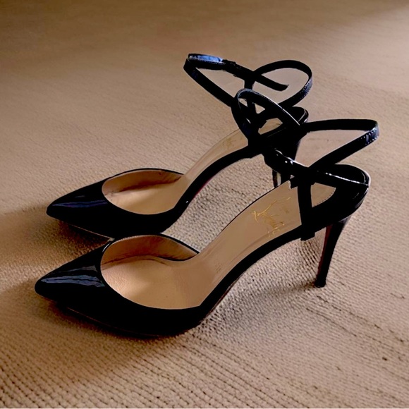 CHRISTIAN LOUBOUTIN JENLOVE ANKLE STRAP POINTED TOE PUMPS BLACK PATENT - Picture 5 of 11